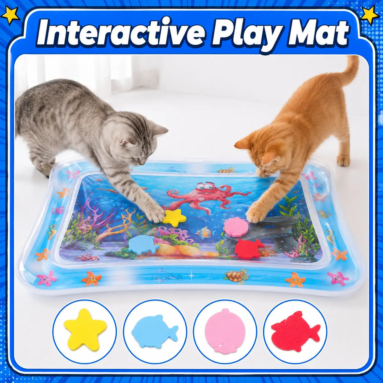 【SkyL】Cat Water Mat for Indoor Cats, 0.7mm Thickened PVC Interactive Cat Toy, Cooling & Warming Water Play Pad with Floating Patterns, Leak-Resistant Foldable Cat Enrichment Mat