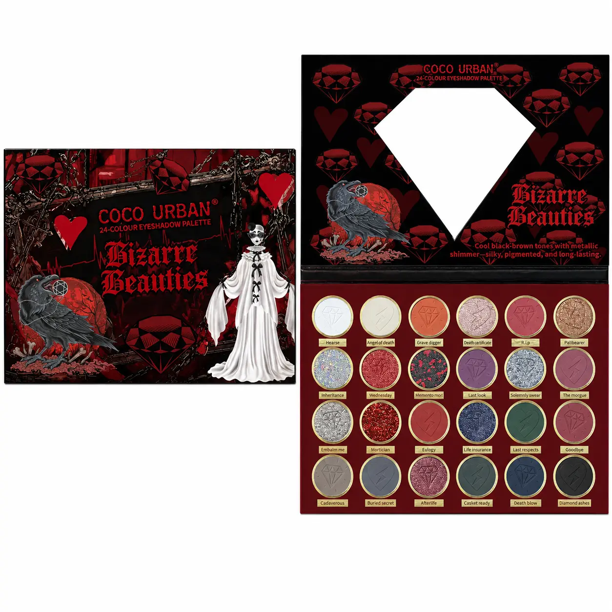 Women's 24-Color Gothic Eyeshadow Palette with Diamond Mirror, Matte-Shimmer-Glitter Highly Pigmented Shades, Dark Smoky Red Black Blue Green Tones, Halloween Cosplay Gift, Soft Glam Eye Makeup, Smokey Eye, Makeup Transformation, Blue Green Shimmer Eyesha