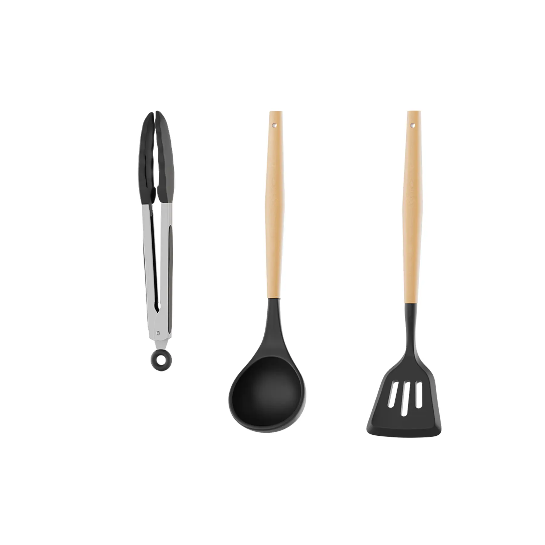 Premium 3-Piece Silicone Kitchen Utensils Set with Wooden Handles - Heat Resistant Cooking Tools (Ladle, Slotted Turner, Tongs) for Nonstick Cookware - BPA Free, Black