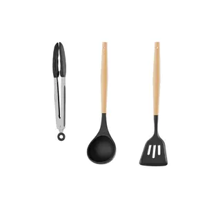 Premium 3-Piece Silicone Kitchen Utensils Set with Wooden Handles - Heat Resistant Cooking Tools (Ladle, Slotted Turner, Tongs) for Nonstick Cookware - BPA Free, Black fathersdaygiftideas