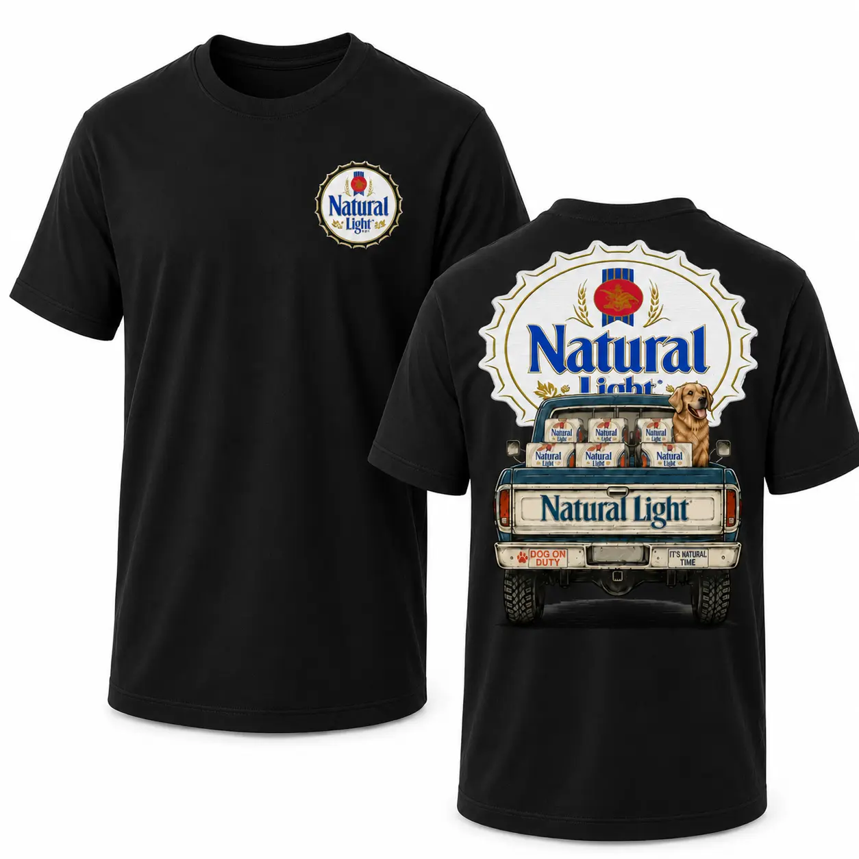 Natural Light Retro Beer Truck T-Shirt, Dog On Duty Graphic Tee, Beer Lover Gift Shirt, Vintage Brewery Aesthetic Shirt, Front And Back Print Unisex Cotton Tee, Casual Outdoor Drinking Shirt