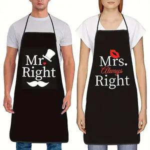 Couple Apron Set, 2 Counts/set Mr. Right & Mrs. Right Design Water-resistant Cooking Bibs, Ideal Gift for Engagement, Wedding, Bridal Shower