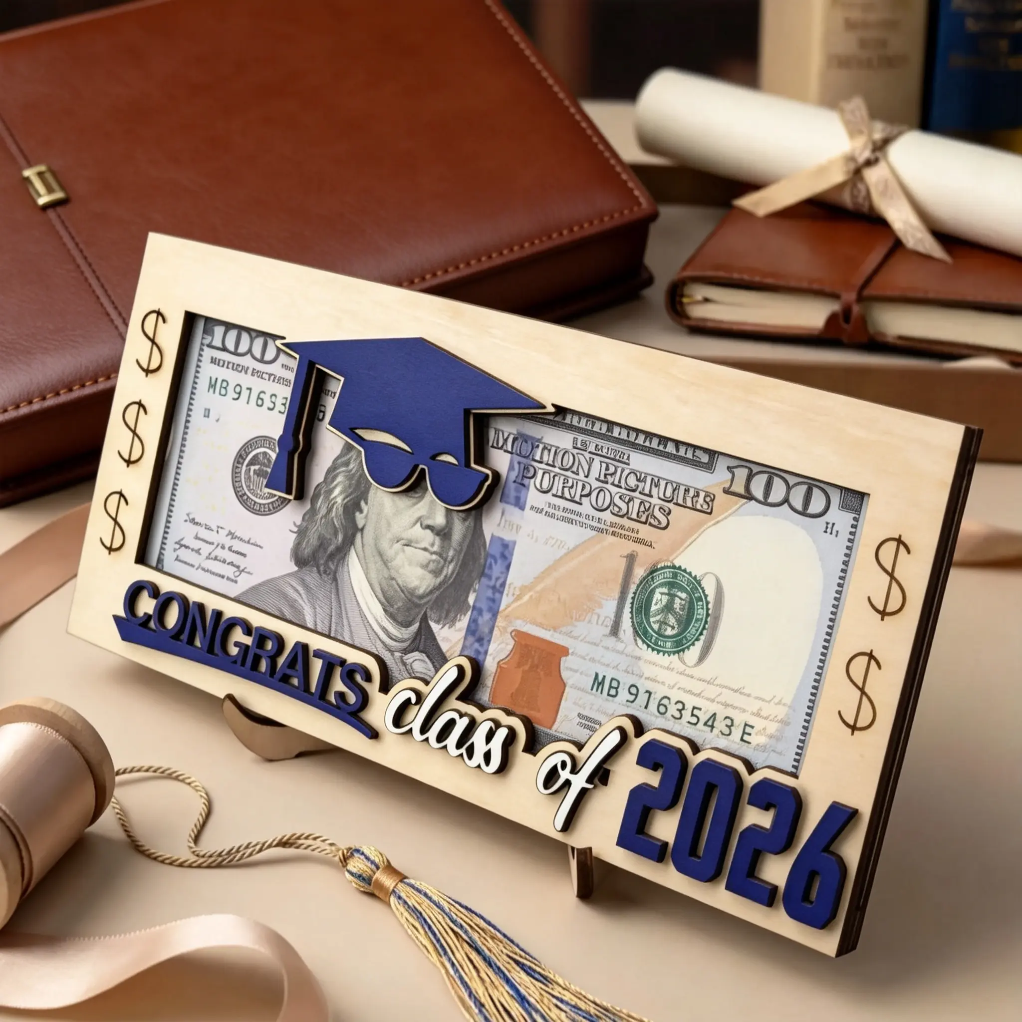 2026 Graduation Wooden Money Holder with Layered Cutout & Secure Slot, Unique Congrats Grad Cash Gift Card Holder, Creative Keepsake for High School Seniors