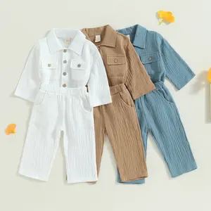 Baby Boy Fall Winter Clothes Toddler Cotton Linen Long Sleeve Button Up Shirt Elastic Waist Pants Set Casual Outfit