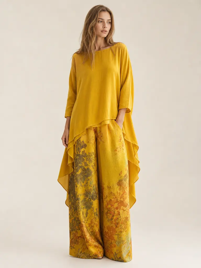 Women's Chic Elegant 2-Piece Floral Print Clothing Set, Round Neck Long Sleeve High-Low Tunic Top with Loose Harem Pants, Polyester, Casual Everyday Wear, Machine Washable