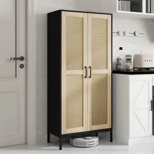 60-inch tall kitchen pantry with 2 rattan doors and 3 adjustable shelves, a freestanding cabinet storage unit, suitable for kitchens, laundry rooms, living rooms and dining rooms