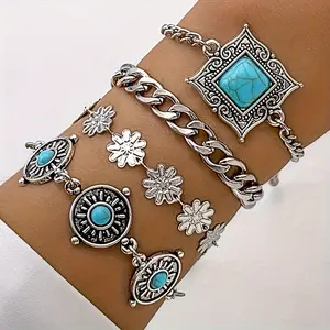 4PCS Vintage Women Bracelets Set Bohemian Silvery Inlaid Geometry Turquoise Chain Exquisite Carved Cuban Link Bracelet Ethnic Flower Adjustable Vacation Travel Beach Bracelet Jewelry Gift