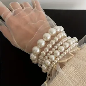 5PCS Elegant Women Imitation Pearl Bracelet Set Vintage Mixed Sizes Multi-Layer Handmade Elastic Romantic Bangle Bohemian Stackable Acrylic Faux Pearl Chic Bracelets Party Birthday Wedding Engagement Anniversary Occasions Jewelry