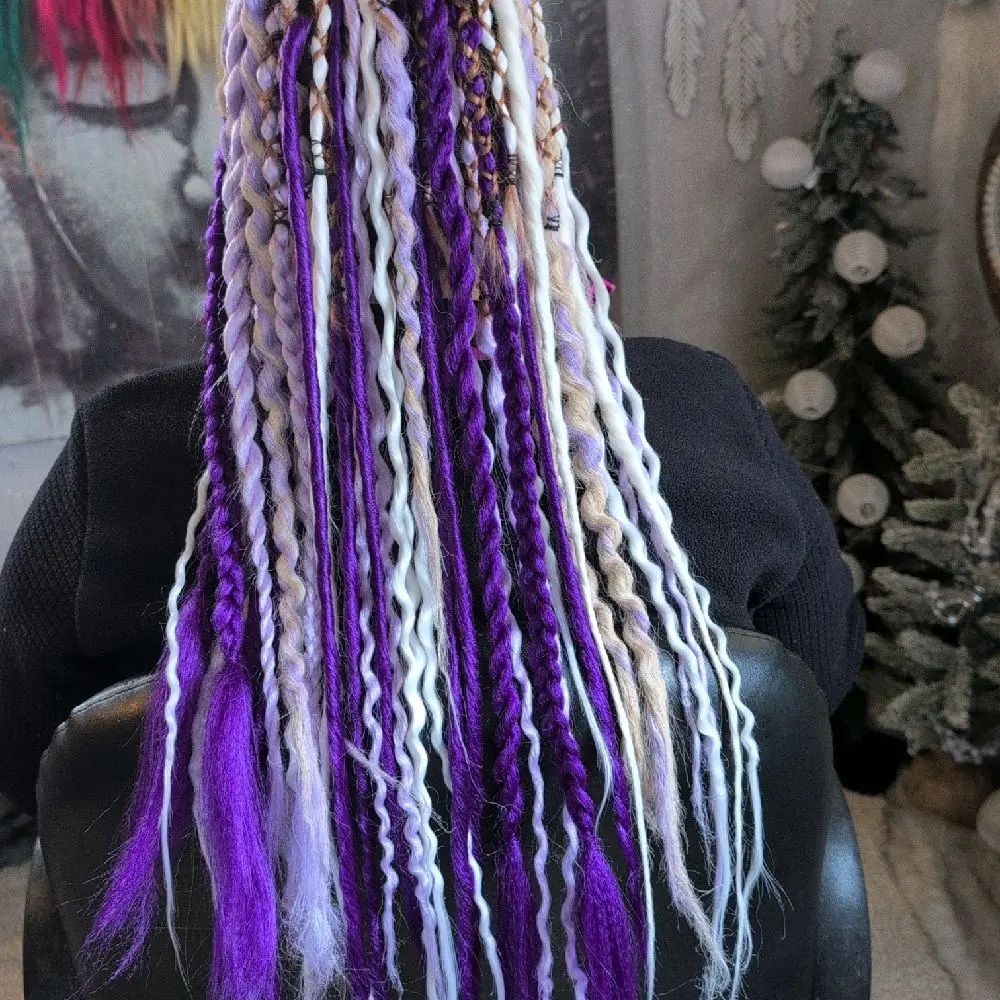 Grape Taffy Dreadlock Extensions - Colorful Braids with Purple and White Accents, Soft and Stylish Hair Accessory