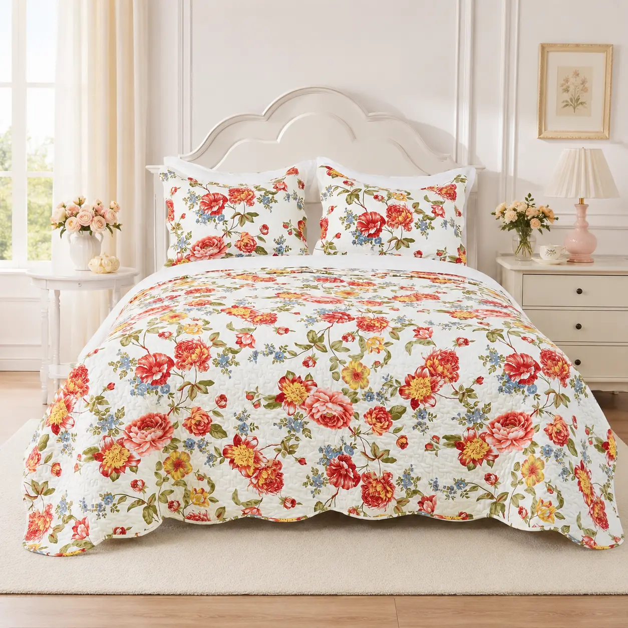 Red Peony Floral Quilt Set 3 Piece Polyester Quilted Coverlet Bedspread with 2 Pillow Shams Queen King Size