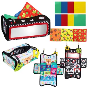 2-in-1 Foldable Baby Floor Mirror Toy, Montessori crawling toy with Colorful Scarf and Teether High Contrast Tissue High Contrast Baby Brain Development Toy for 0-3 Years Old Gift Random Color Toddler Busy Board