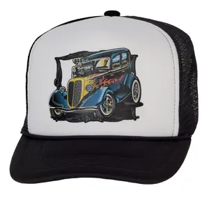 Men's Vintage Custom Hot Rod Hat Snapback Trucker Baseball Hat, Black/White