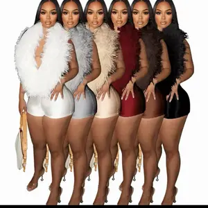 New Fashion Deep V Backless Sexy Faux Fur Romper Knitted One Piece Nightwear Outfit for Women Backless Sleepwear
