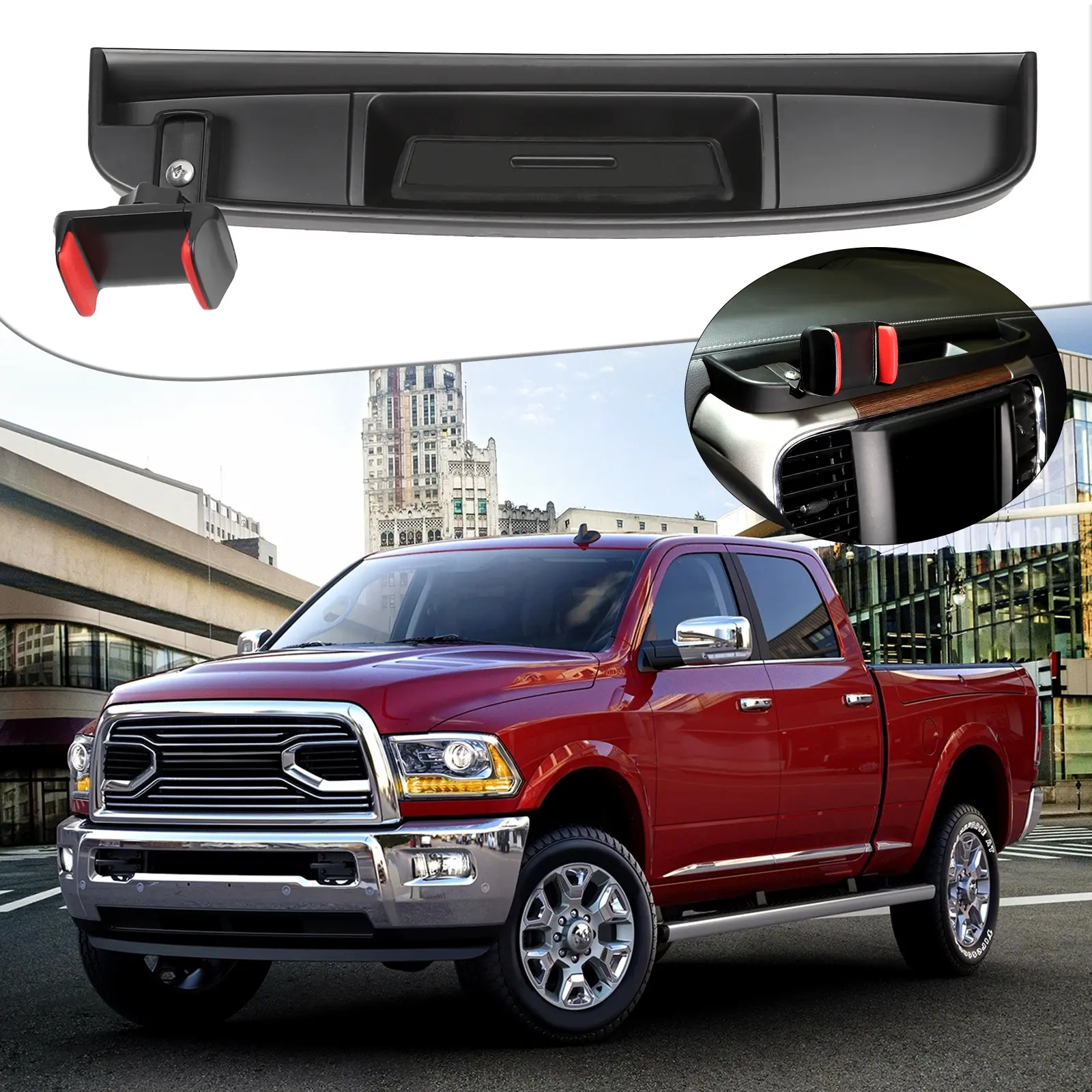 Car Phone Holders for Dodge RAM 2010-2017, Metal 360° Rotating Center Console Phone Mounts & Holders with Storage Organizer, No Drilling, Strong Grip, Easy Installation Truck Interior Accessory (Screws Not Included)