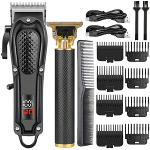 Men’s Hair Clipper Set with LED Display – T9 Black Grid USB Rechargeable Clipper + 2-in-1 Hair Comb, Professional Barbershop & Home Grooming Kit