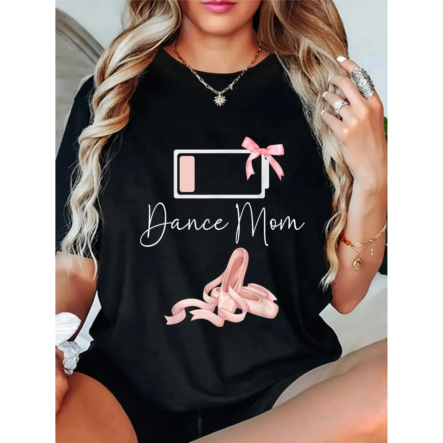 Dance Mom Black Cotton 180g Short Sleeve Casual T-Shirt with Ballet Shoes Print, Soft Round Neck Graphic Tee for Women, Gift for Dance Lovers
