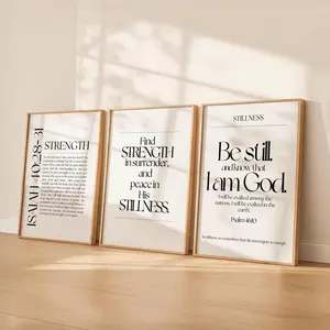 Christian Wall Art Set of 3 | Faith Prints | Strength Stillness Bible Verse Decor | Isaiah 40:31 Psalm Scripture