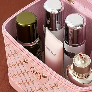1pc Fashionable Letter Cosmetic Case with Mirror - Large Capacity High Quality PU Travel Makeup Organizer, Geometric Pattern & Golden Clasp, Portable Toiletry Bag for Women (White/Pink), Cosmetic Storage | Golden Clasp Closure | Secure Zipp