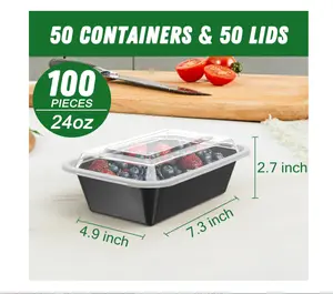 50 Pack (100-Piece) 24 oz Meal Prep Containers Reusable with Lids, Sturdy Leakproof & Food Safe, Microwave, Freezer, Dishwasher Safe Prep Containers, To Go Take Out Plastic Food Storage