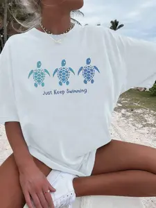 Women's Turtle Graphic Print Casual Everyday Round Neck Short Sleeve Knit T-Shirt, Fashion Beach Vacation Style Loose Fit Summer Top for Daily Wear