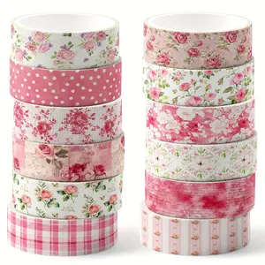 12 Rolls Pink Vintage Rose Floral Washi Tape - Elegant Decorative Masking Tape for Journaling, DIY Crafts, Gift Wrapping & Party Decor