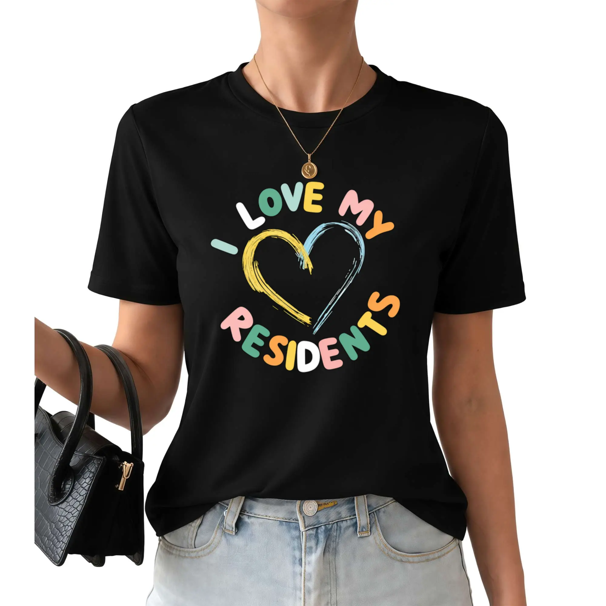 Women'S "I Love My Residents" Short Sleeve T-Shirt | Light Pink with Colorful Heart and Residents Text Print, Soft Breathable Crew Neck Casual Top, Suitable for Teachers, Care Workers, Housing Staff
