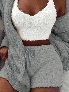 Women's Solid Color Plush Three-piece Pyjama Set, Fluffy Pajamas, Casual Comfy V Neck Cami Top & Hooded Coat & Tie Front Shorts Loungewear Set, Pajama Sets Women, Women's Sleepwear for Winter, Fluffy Pajamas, Cute Pajama Sets, Sleep Sets, Womenswear, Pjs