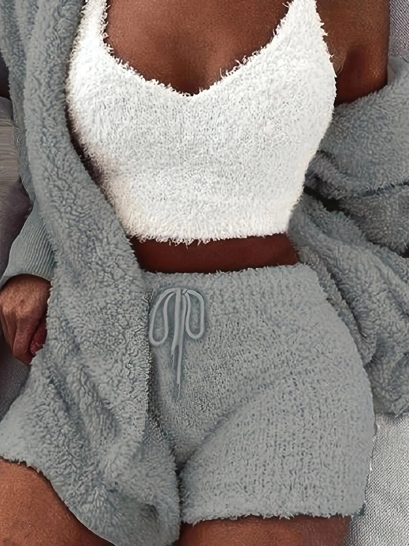 Women's Solid Color Plush Three-piece Pyjama Set, Fluffy Pajamas, Casual Comfy V Neck Cami Top & Hooded Coat & Tie Front Shorts Loungewear Set, Pajama