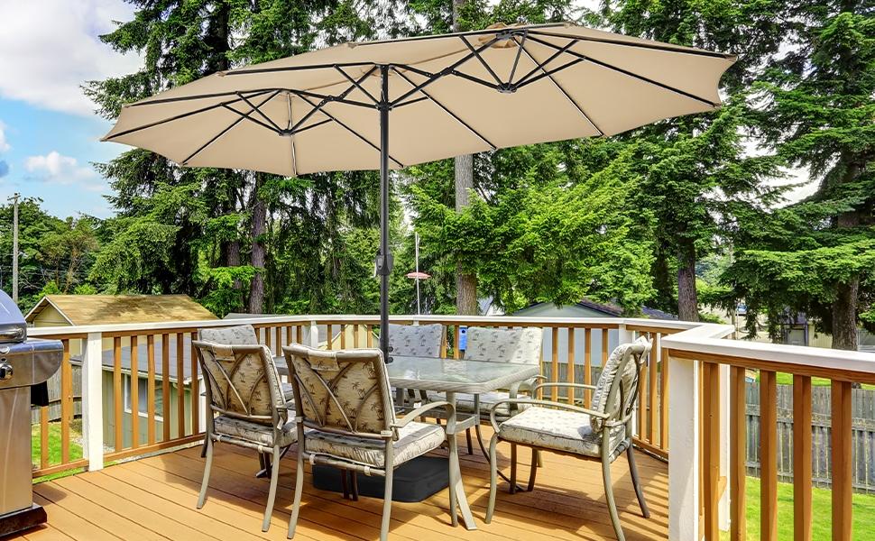 【12 Light Model Umbrella】Yaheetech 13ft Patio Parasol with Multi-Mode LED Lights Strips and Base Stand Triple-Vented Outdoor Umbrella