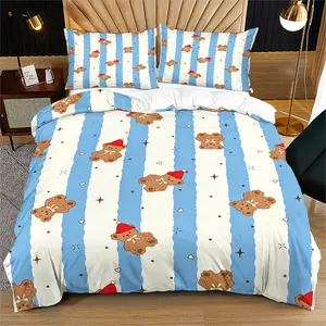 2/3-Piece Set of Bedding With a Fresh, Cartoon Bear Print a Cute and Soothing Blue-and-White Bear Bedding Set That is Lightweight and Breathable, Perfect for Decorating Bedrooms and Guest Rooms