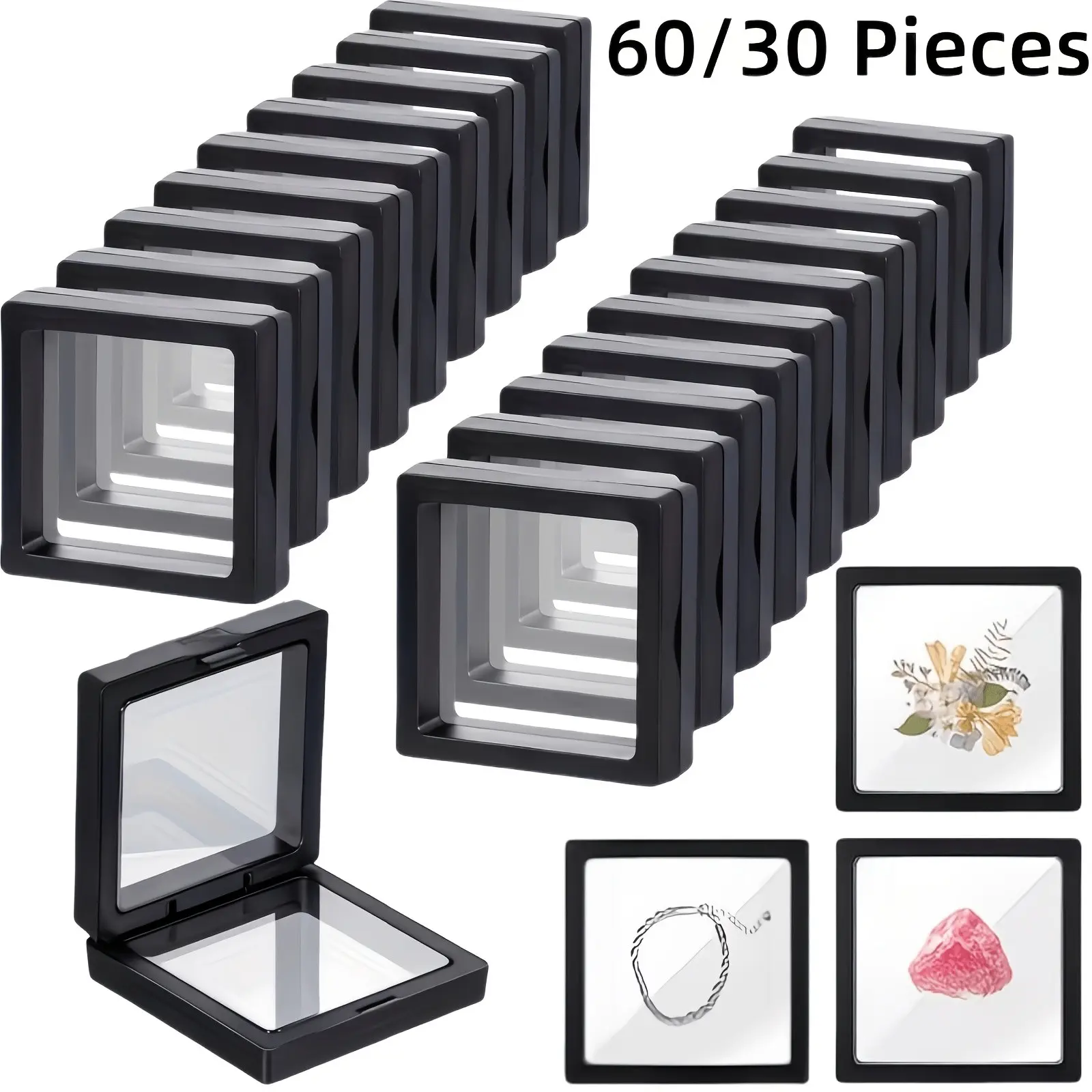 30pcs Plastic Frame 3D Floating Jewelry Display Boxes, with Transparent Panels, Secure Clasp Closure, And Fabric, Storage Boxes for Home And Jewelry Making, Jewelry Boxes, Top Choice for Coin Collectors (Black/White/Orange) Two Sizes