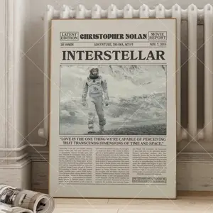 Interstellar Movie Poster, Christopher Nolan Sci-Fi Print, Retro Newspaper Style Wall Art, Vintage Space Film Decor