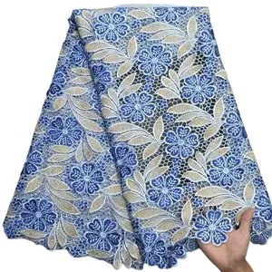 African high-quality cord  Blue and Gold Floral Design Fabric per yard