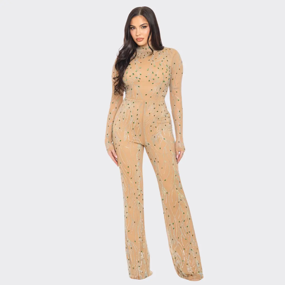 Nude Rhinestone Embellished Jumpsuit – Glam Long Sleeve Backless Outfit Womenswear Fashion overall Piece Statement