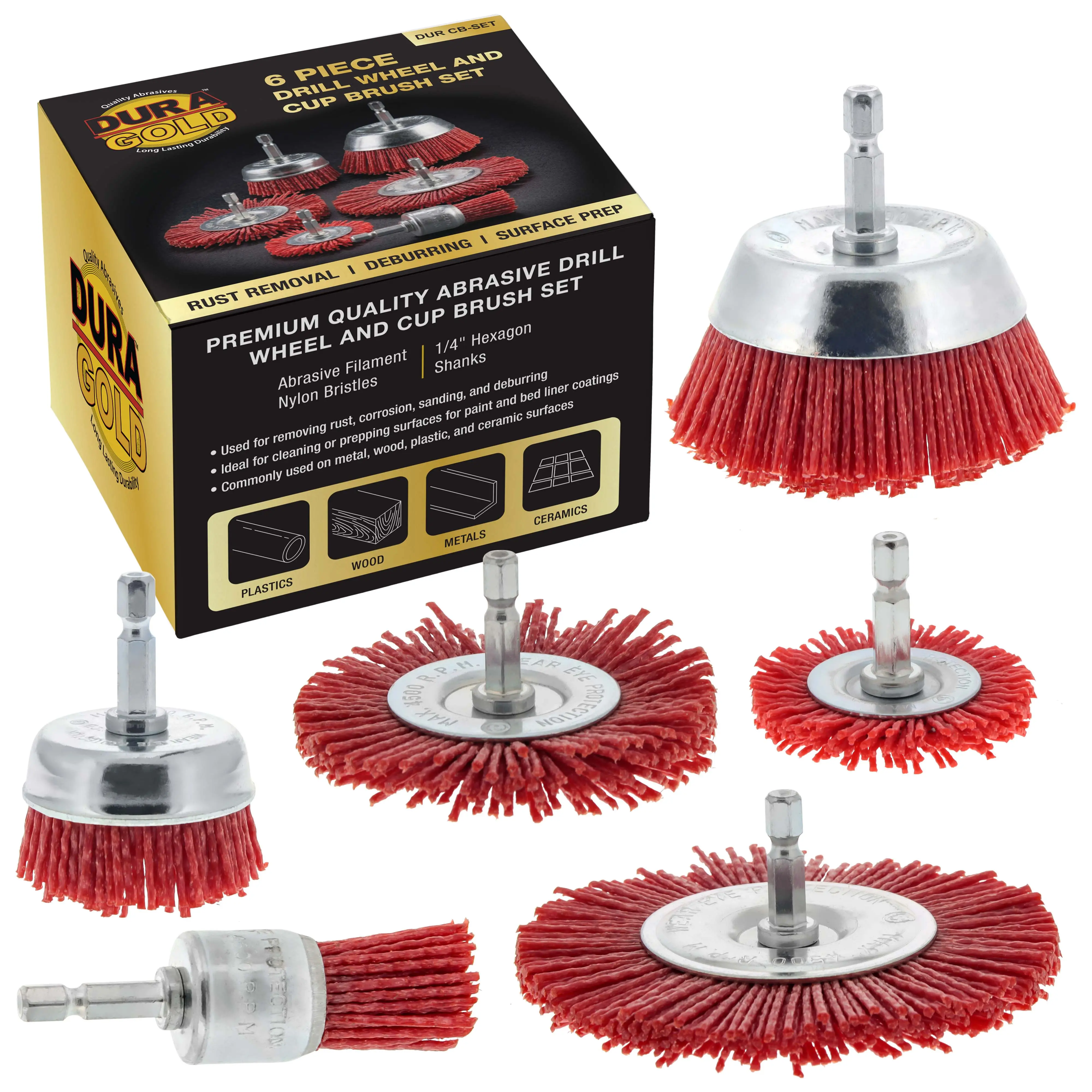 6 Piece Abrasive Filament Nylon Bristle Cup Brush Set - 1/4" Hex Drill Shank Arbor, Coarse Grit Angle Grinder Brush for Truck Bed Liner Surface Prep, Sanding, Scuffing, Rust & Paint Removal