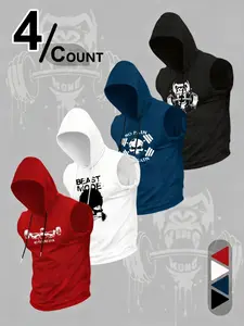 Men's Fitness Hooded Sleeveless Shirt, Cool Gorilla Print Hoodie, Breathable Workout Top, Gym Wear Set of Four Pieces