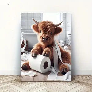 Charming Highland Cow Cute Cow Pattern Bathroom Canvas Art for Living Room, Bedroom, Kitchen with Wooden Frame Wall Print - Perfect Home and Office Decoration Modern Home Decor Gift