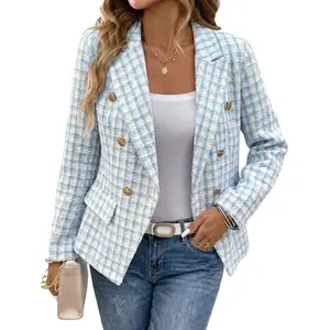 Mina Self 2026 Spring Women's Tweed Plaid Blazer Jacket - Double-Breasted Fully-Lined Slim Petite Cute Casual Work Pocket