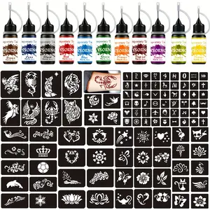 107 Stencil Designs Temporary Tattoo Kit with 12 Bottles of Mixed Color Henna Paste - Easy-to-Use Body Art Set (Black*2,Red,Green,Blue,Violet,Cyan,Brown,Orange,Yellow,Deep Yellow,Deep Red)