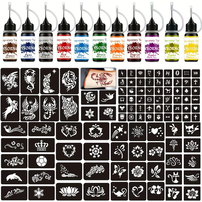 107 Stencil Designs Temporary Tattoo Kit with 12 Bottles of Mixed Color Henna Paste - Easy-to-Use Body Art Set (Black*2,Red,Green,Blue,Violet,Cyan,Brown,Orange,Yellow,Deep Yellow,Deep Red)