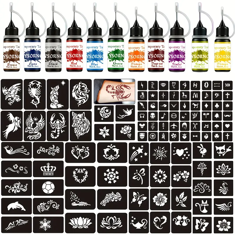 107 Stencil Designs Temporary Tattoo Kit with 12 Bottles of Mixed Color Henna Paste - Easy-to-Use Body Art Set (Black*2,Red,Green,Blue,Violet,Cyan,Brown,Orange,Yellow,Deep Yellow,Deep Red)