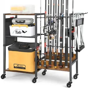 Fishing Rod Holder, Fishing Pole Holders for Garage Boat  Entryway Fishing Gear Storage with Tackle Cart Ideal  for Men Dad Anglers Corner Design for Rods and Equipment Organizers