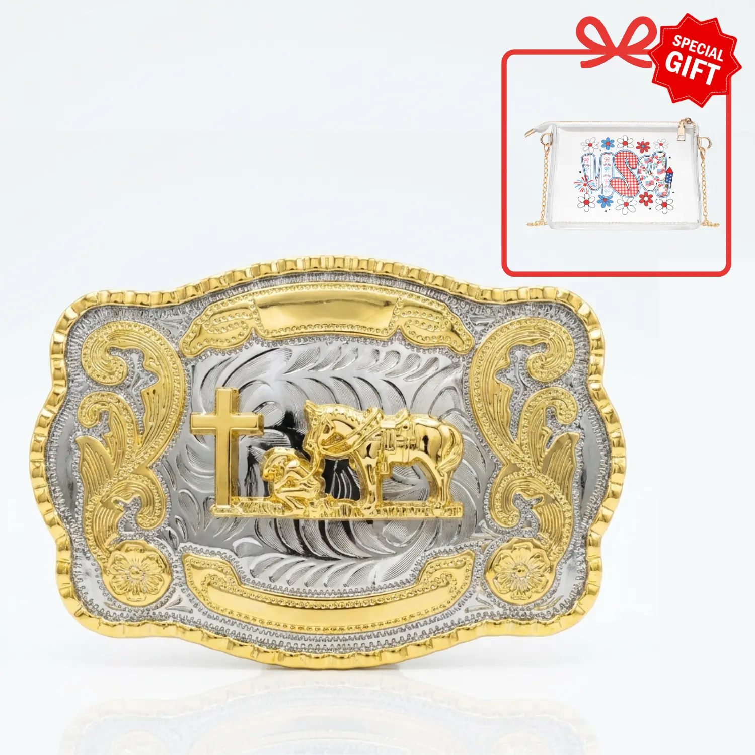 Gold-Tone Praying Cowboy Western Belt Buckle 5.5" x 4" - Hebilla Vaquera Christian Cross - Vintage Gold Silver Rodeo Gift for Men