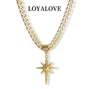 Loyalove&TEWIKY Gold 8mm Women's Flat Cuban Eight-Pointed Star Pendant Necklace Fashion Jewelry Perfect for Mother's Day Gifts