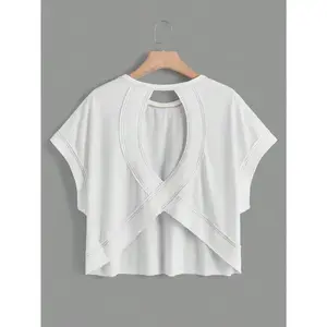 Cut Out Back Batwing Sleeve Tee Top Fit Shirts White Short Blouses Casual Womenswear