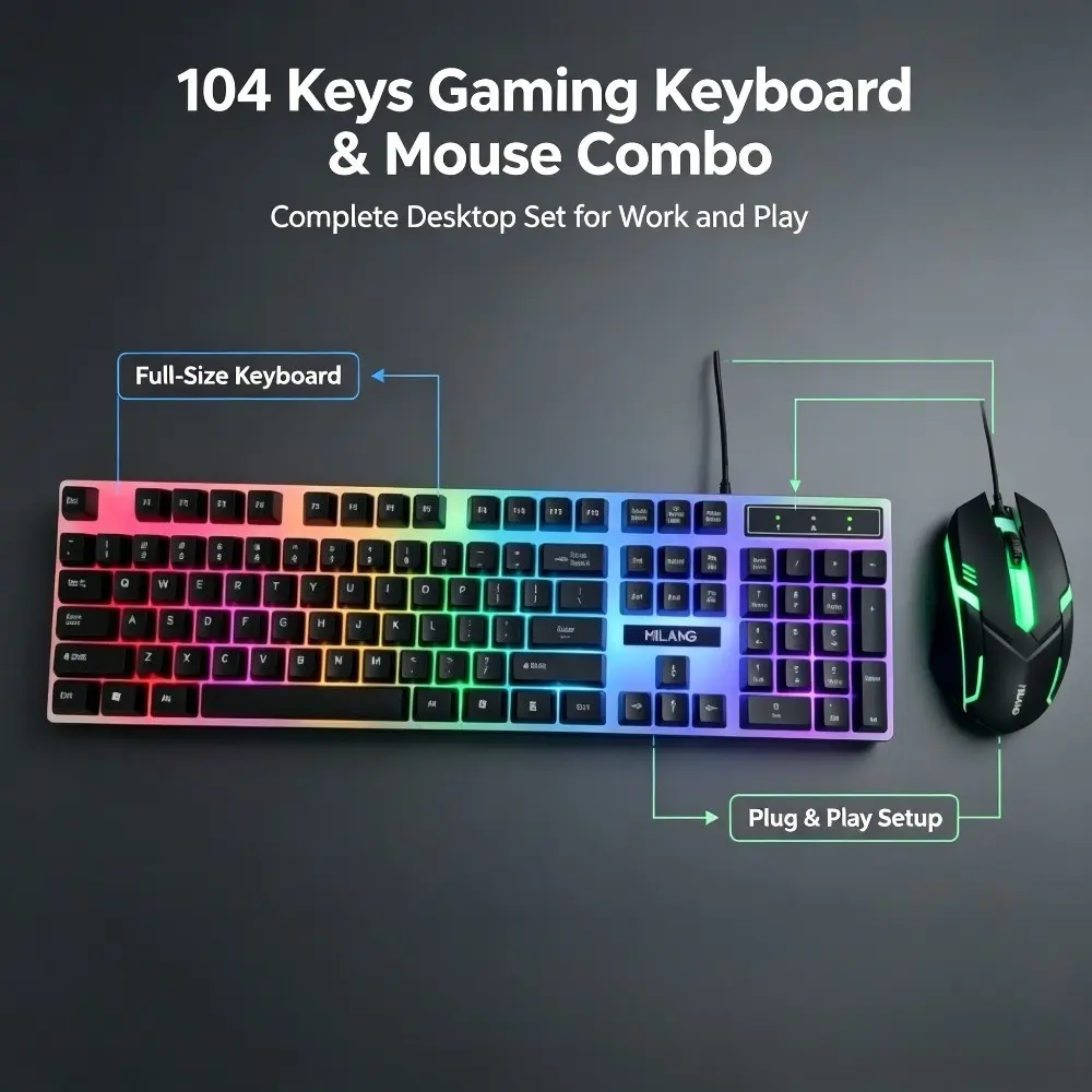 104-Key Backlit Wired Gaming Keyboard and Mouse Set - Mechanical Feel, Rainbow Illumination, Ergonomic Design - Compatible with Computers, Laptops - Ideal for Gamers, Home Office Use