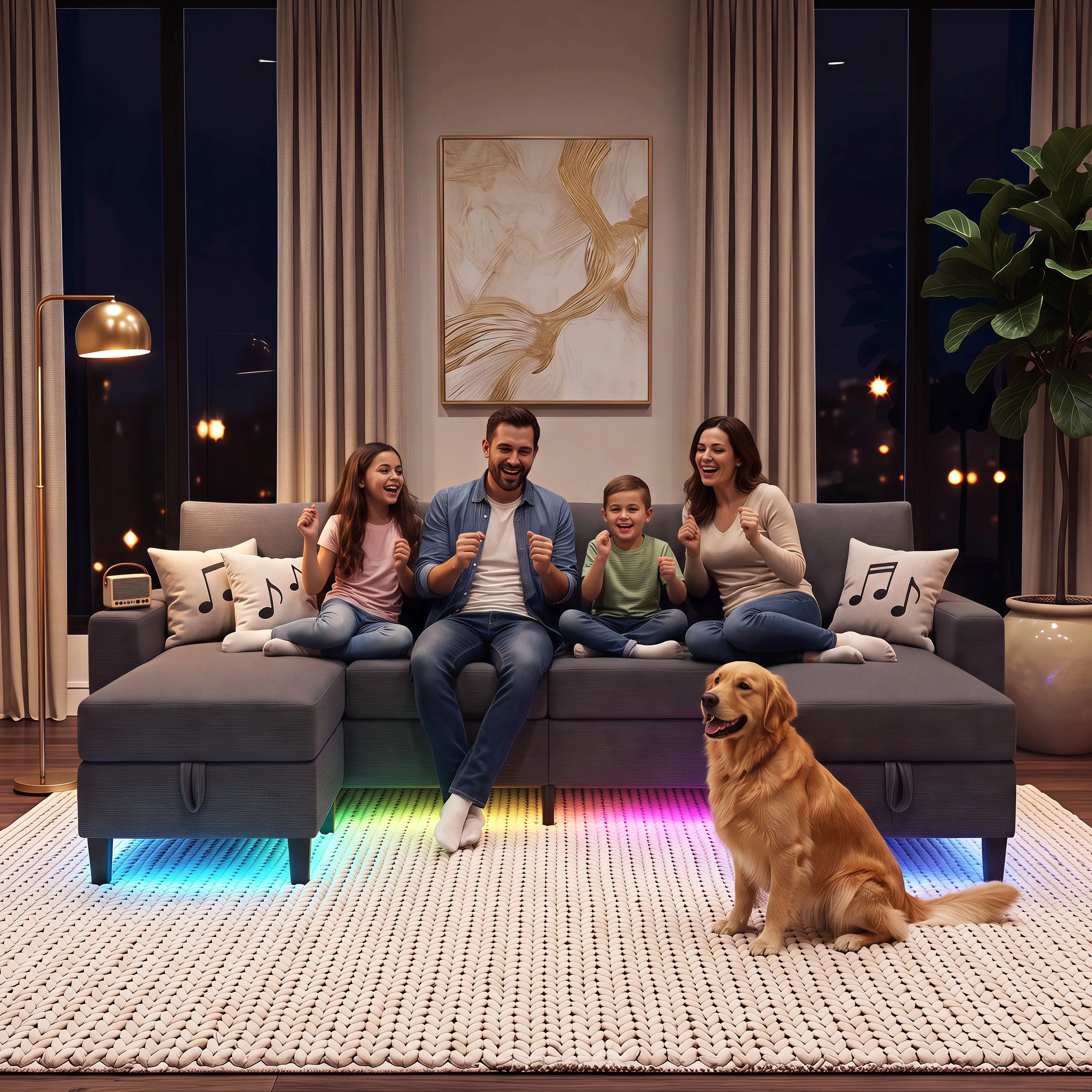 {2 Packages}109-Inch Blue 6-Seater Modular Sectional Sofa — Soft 7105 thick linen, deep seat, base LED lights, space-saving convertible sleeper design with cloud comfort