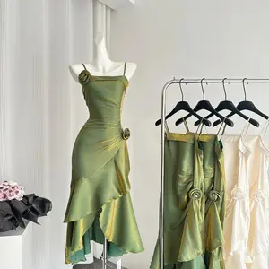 2025 Summer Women’s French Vintage Dress – Spaghetti Strap One-Piece Evening Party Gowns, Shoujo/Gyaru Style, Wedding & Prom Formal Wear, Chiffon Cocktail Dresses