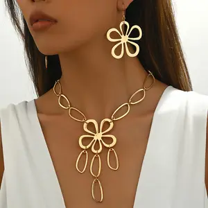 3pcs Elegant Geometric Flower and Oval Link Chain Tassel Necklace and Earrings Set for Women, Alloy Jewelry for Daily and Party Wear, Versatile All-Season Accessory