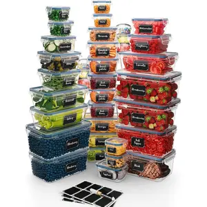 72 Piece BPA-Free Plastic Food Storage Container Set with 32 Containers and 32 Lids with Reusable Labels & Spoon Set | Leakproof, Airtight, Stackable